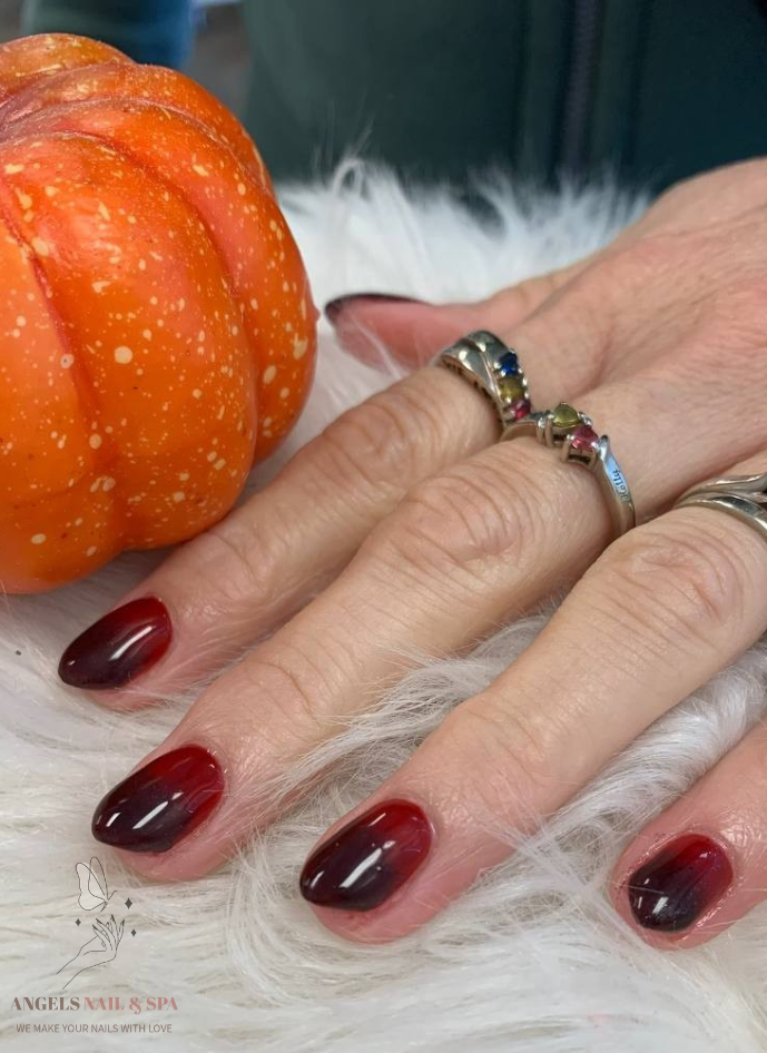 Burgundy ombre fall nails with glossy finish elegant autumn manicure Yarmouth nail salon