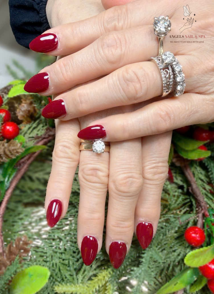 elegant red christmas nails with classic glossy design in Yarmouth NS