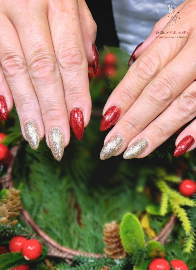 christmas nails in Yarmouth with red and gold glitter design at Angels Nail & Spa