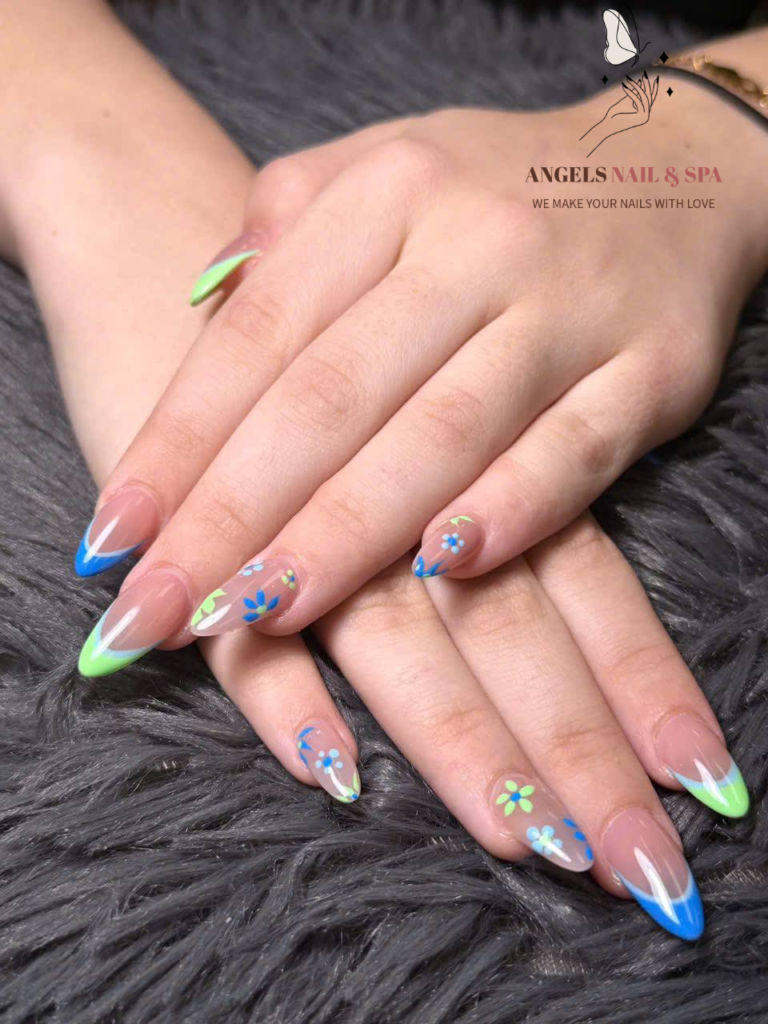 best nail salon in Yarmouth Nova Scotia spring nail art blue green tips floral nails