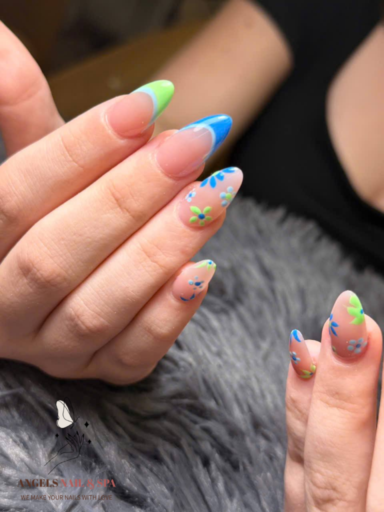 spring nail design Yarmouth nail salon blue green French tip floral nails Angels Nail & Spa Nova Scotia