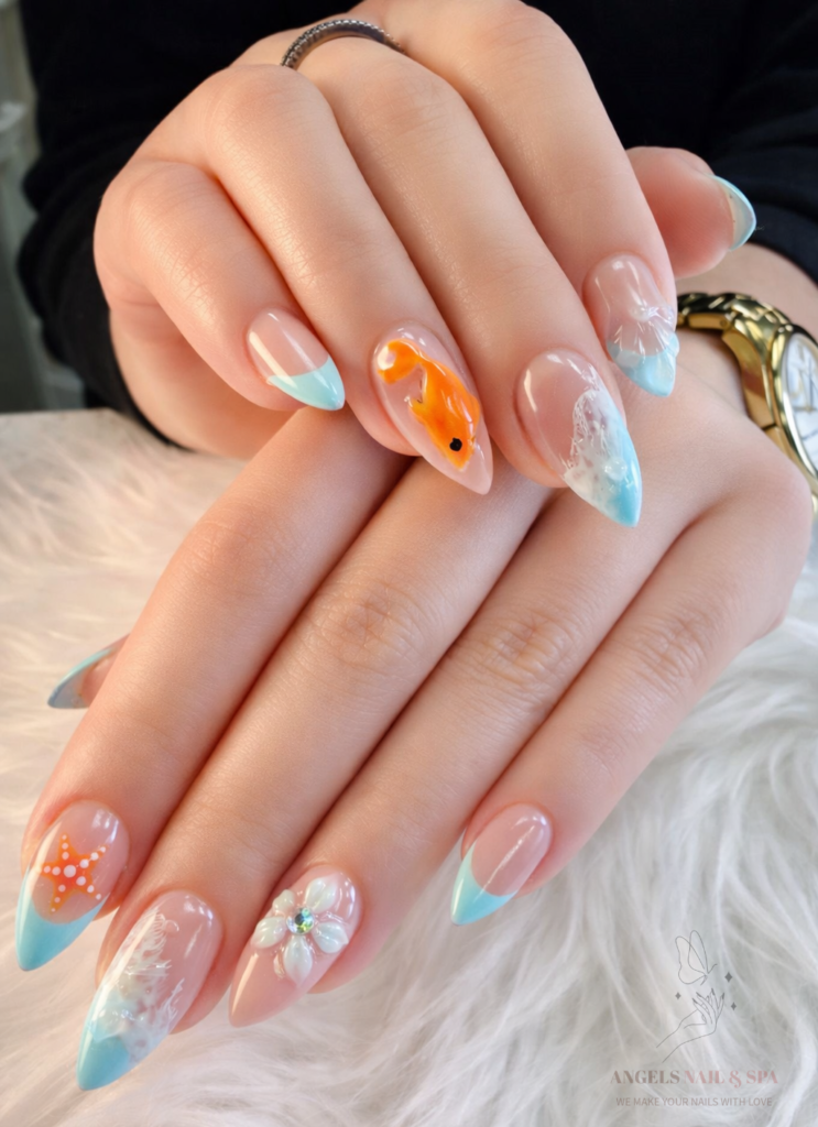 unique summer nail design with fish art and glossy water effect in Yarmouth