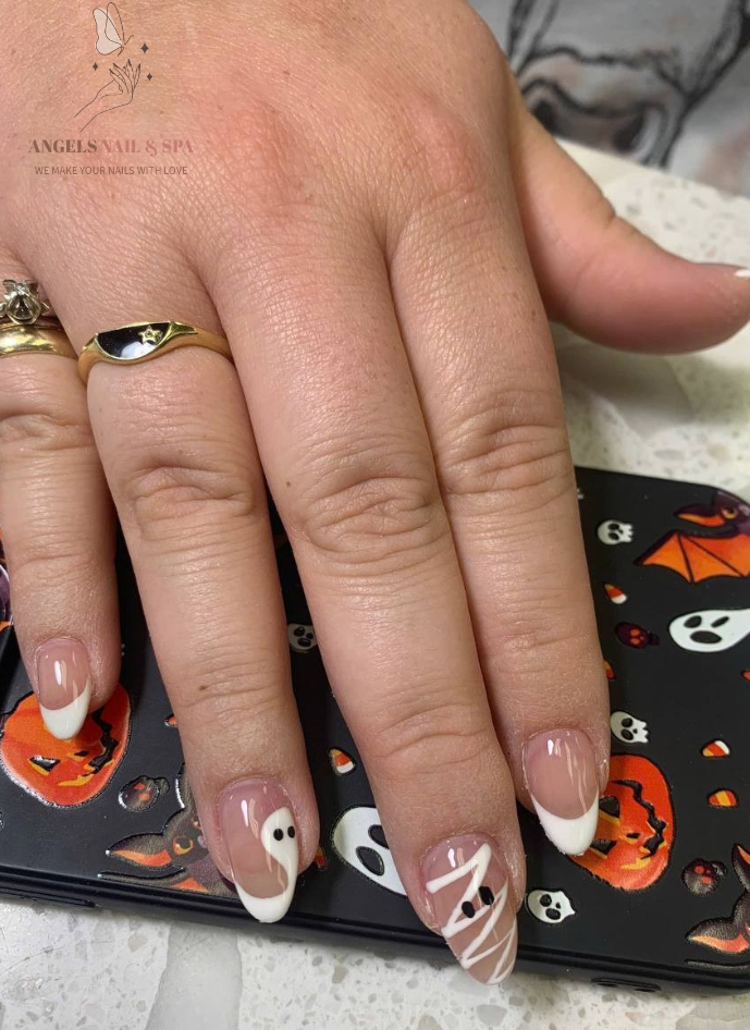 Simple Halloween French tip nails with ghost and mummy design Yarmouth nail salon