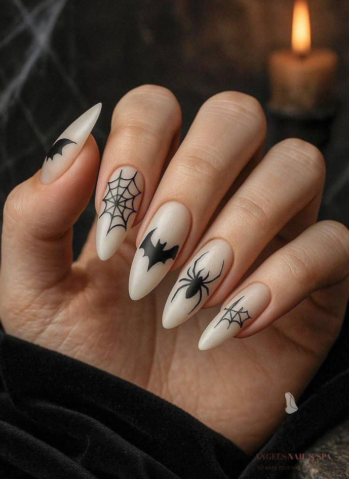 Matte nude Halloween nails with spider bat web design classy spooky nails Yarmouth