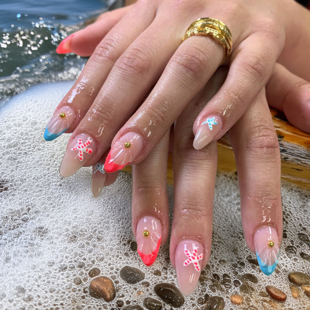 summer nails in Yarmouth with starfish nail design at Angels Nail & Spa