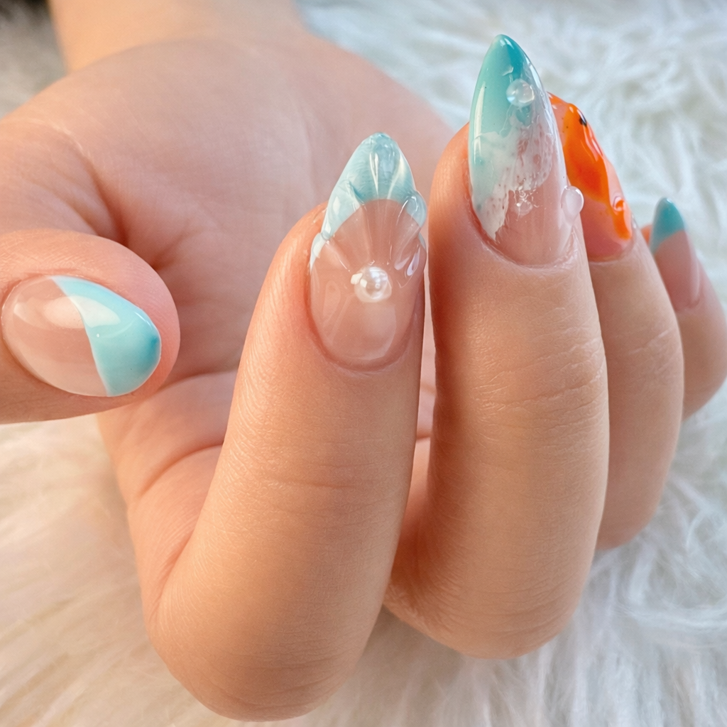 ocean jelly summer nails in Yarmouth with fish design and blue french tips