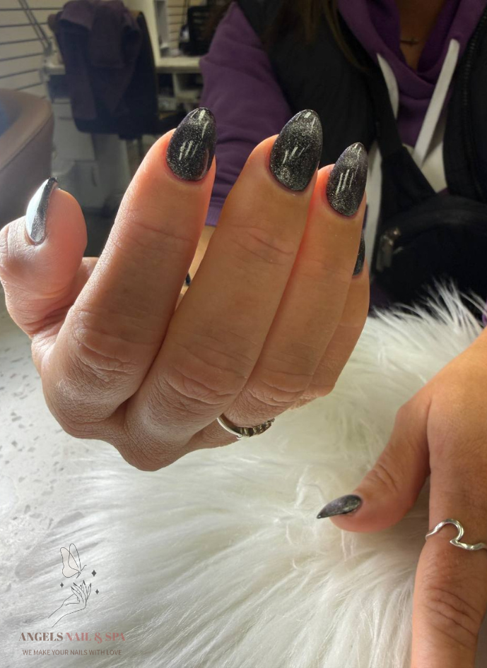 black cat eye nails in Yarmouth with magnetic shimmer effect at Angels Nail & Spa