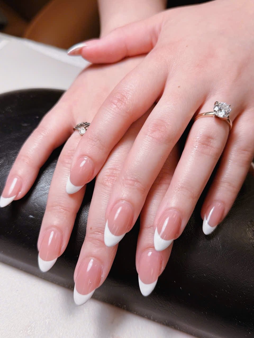 French Tip Almond Nails With White And Pink. – Angels Nail & Spa Yarmouth NS