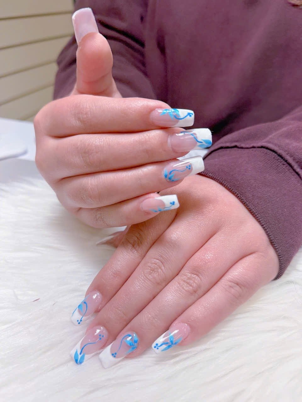 French Tip Nails With Blue Floral Design. – Angels Nail & Spa Yarmouth NS