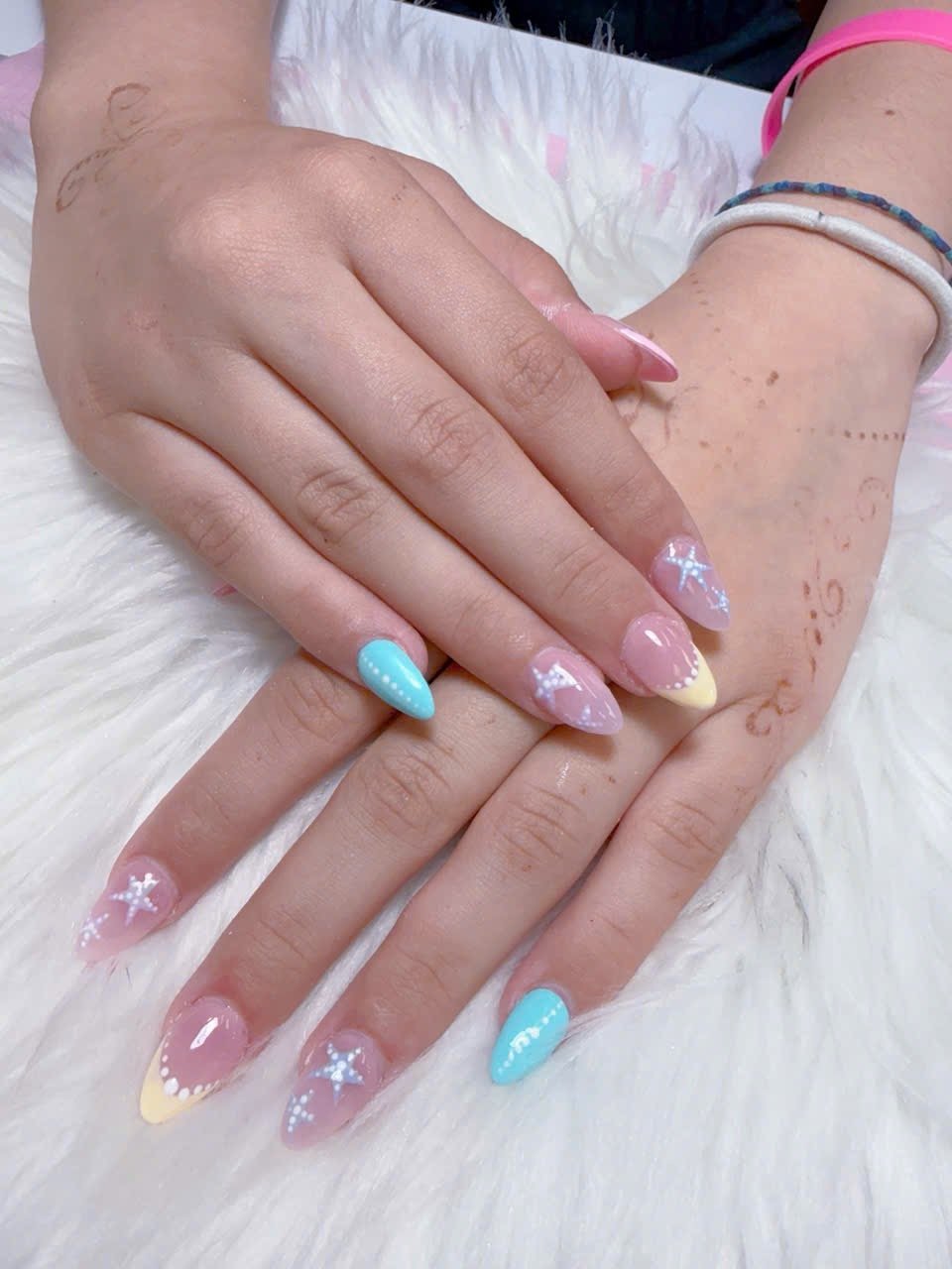 Pastel Colors, White Snowflakes, Almond Shaped Nails. – Angels Nail & Spa Yarmouth NS