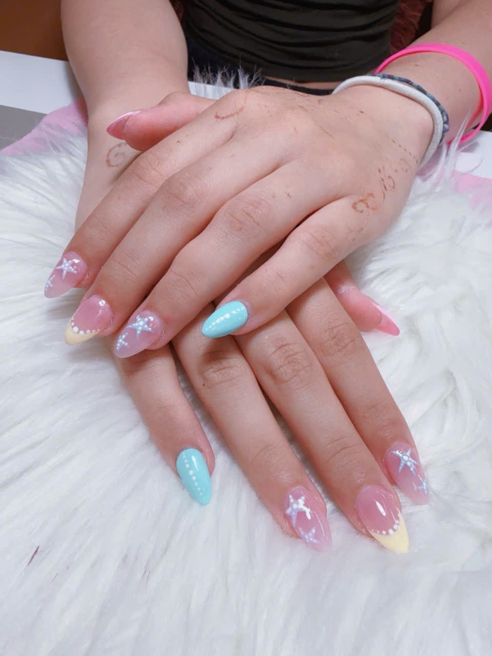 Pastel Pink And Blue With Starfish Nail Art. – Angels Nail & Spa Yarmouth NS