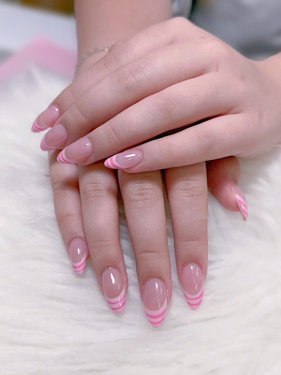 Pink And White Striped French Tip Almond Nails. – Angels Nail & Spa Yarmouth NS