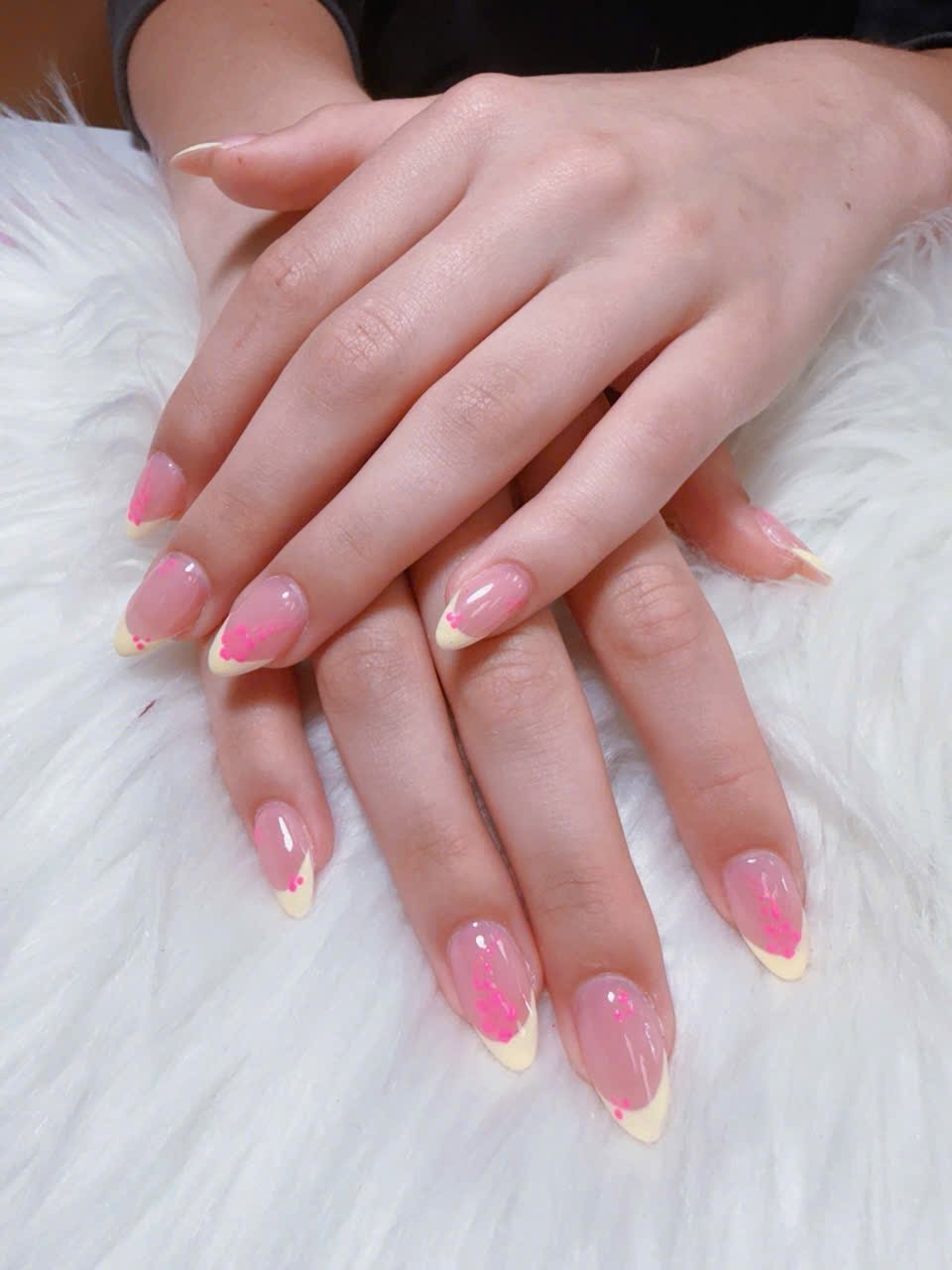 Pink French Tip Almond Nails With Neon Accents. – Angels Nail & Spa Yarmouth NS